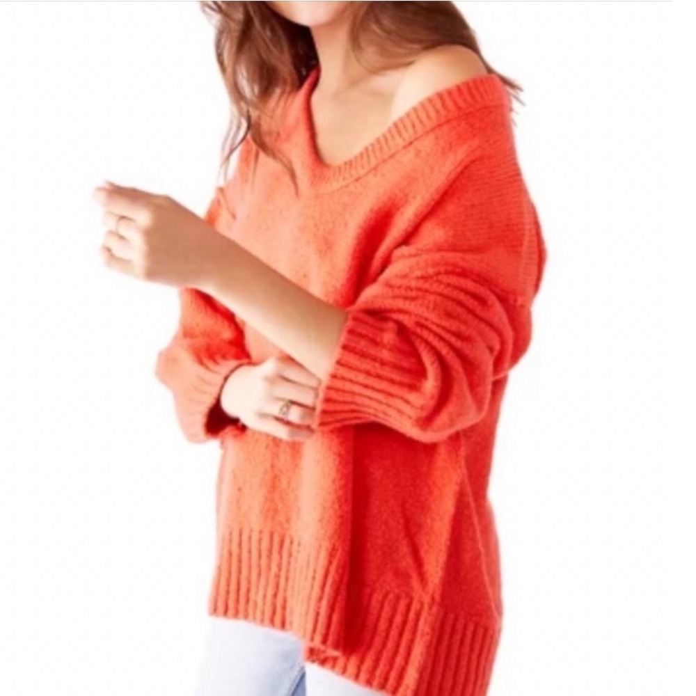 Free People Brookside Tunic Love Light Orange Sweater V-Neck Oversized Size M